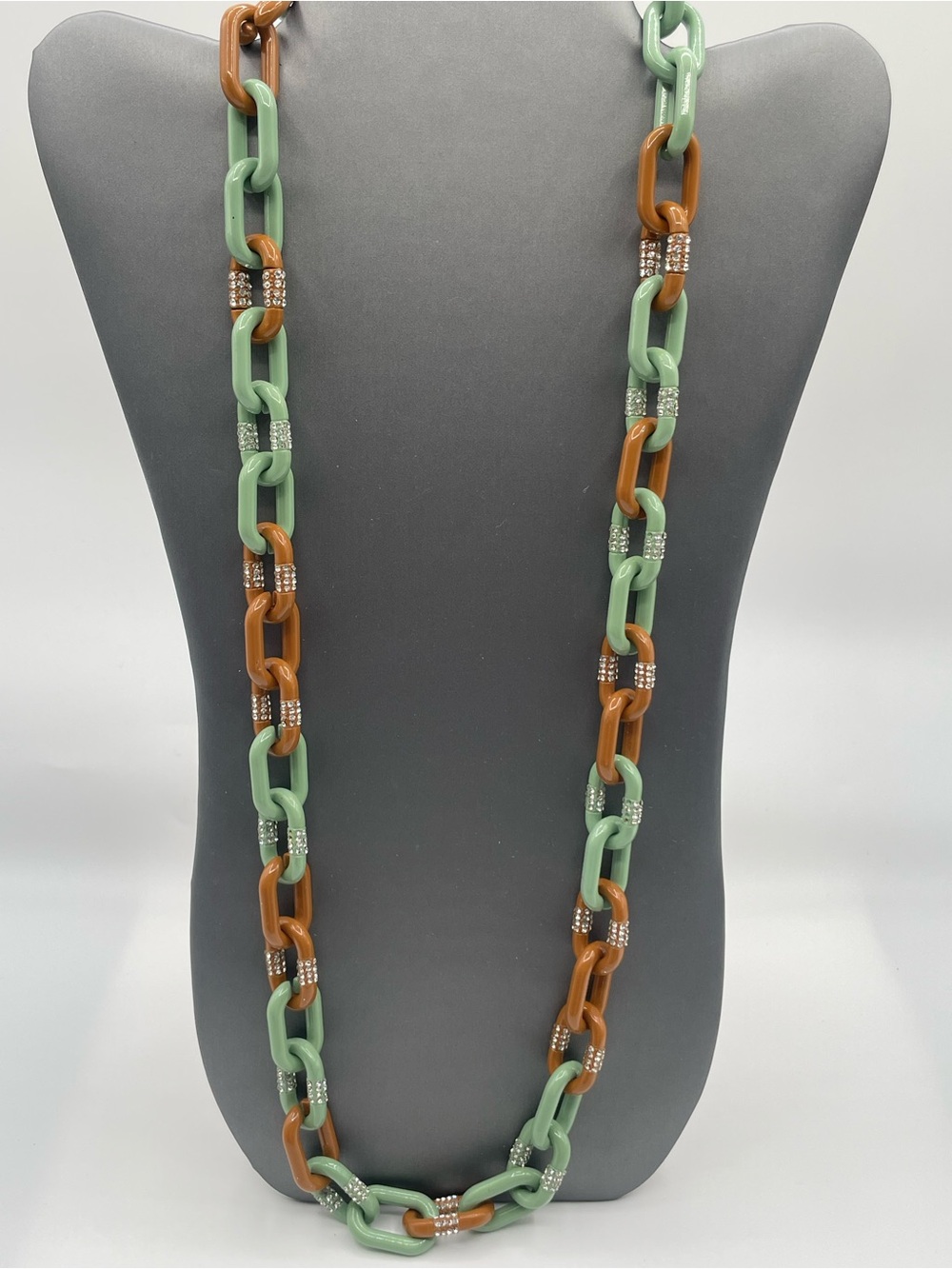 J.Crew Long Chunky Chain-Link Necklace w/ Green & Brown Resin/Rhinestone Accents
